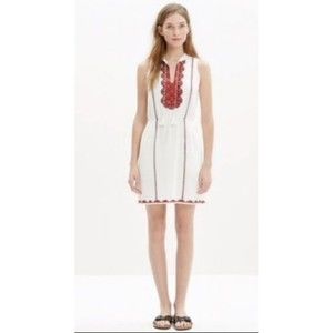 Madewell Tribal Embroidered Tassle Tie Sleeveless Dress Size 2 C3449 White Red